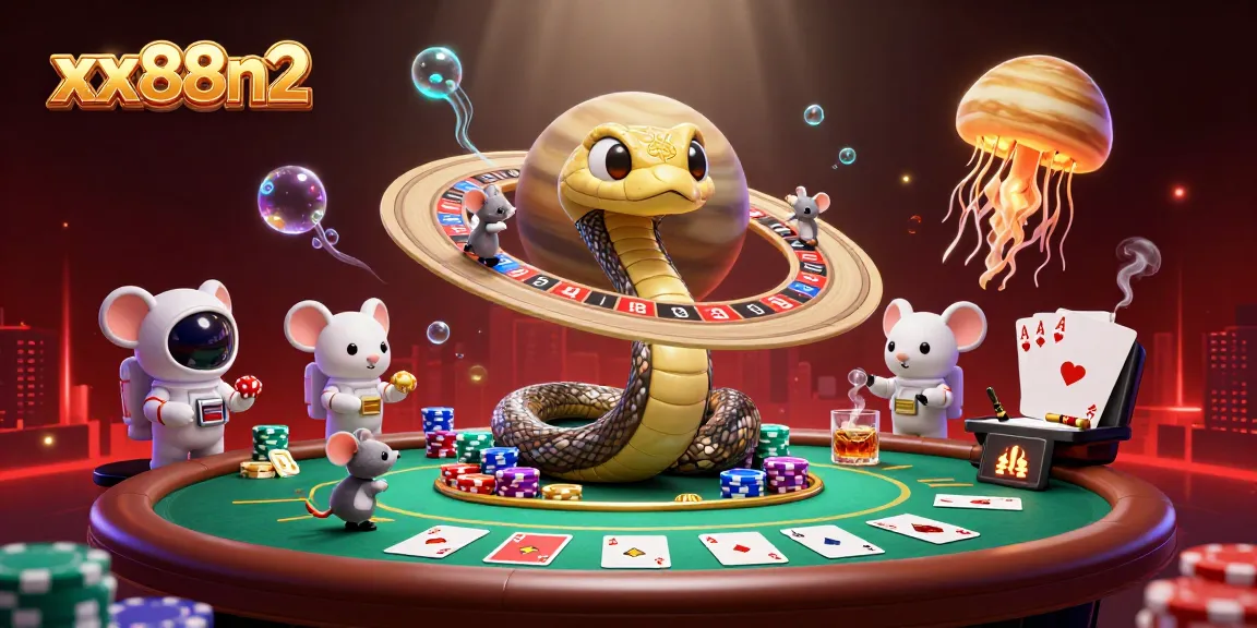 Experience thrilling bets at xx88n2 with astronaut mice and a cosmic dealer in a vibrant roulette scene.