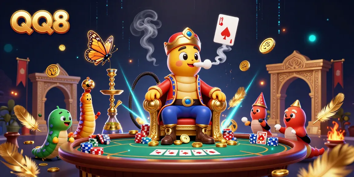 Engage in QQ8 gaming with vibrant characters, poker elements, and dynamic casino atmosphere.