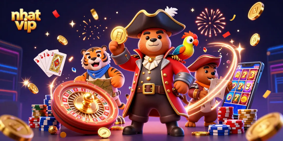 Nhat vip players spin the roulette wheel and win with shimmering coins and vibrant cards.