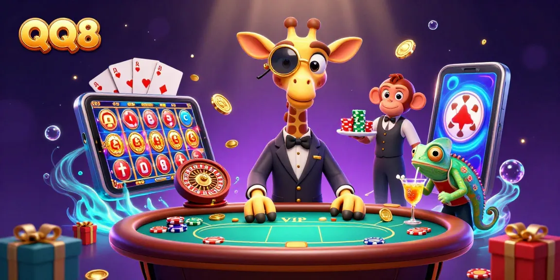 Experience the excitement of QQ8 with a high-roller giraffe and his gambling companions in a vibrant casino.