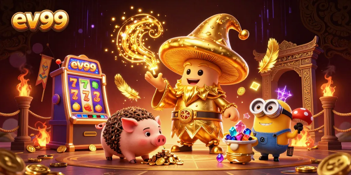 Spin the reels with ev99's magical golden wizard and treasures in a vibrant casino adventure.