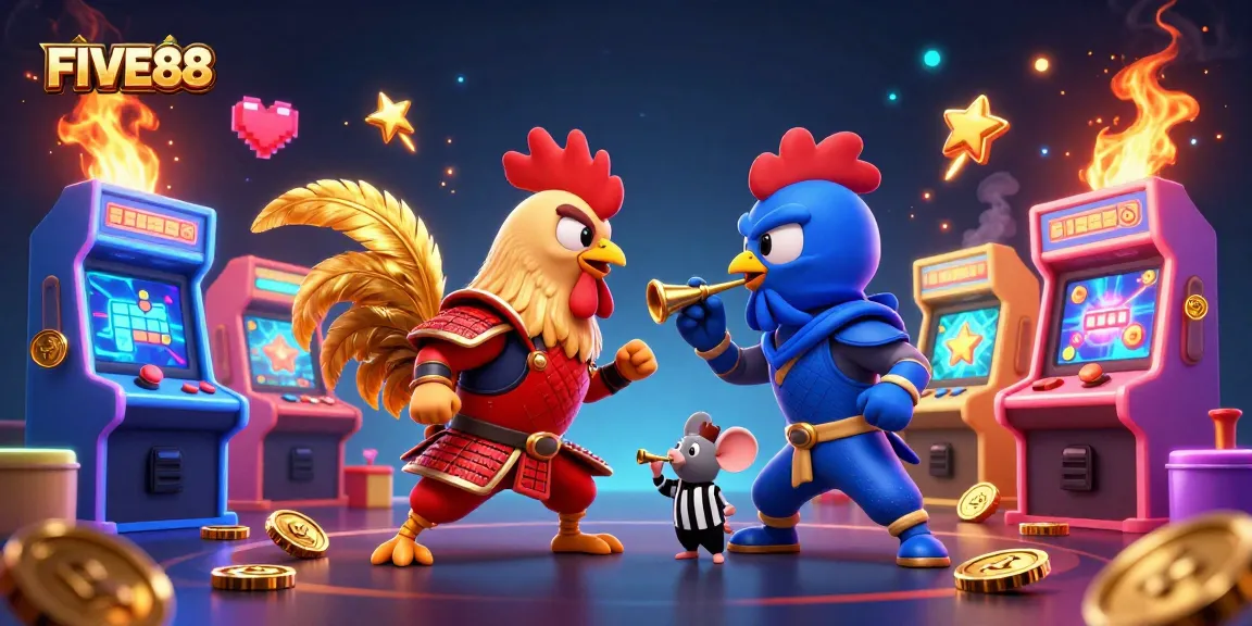 FIVE88 showcases twin cartoon roosters in dramatic combat amid a rich casino landscape with vibrant arcade themes.