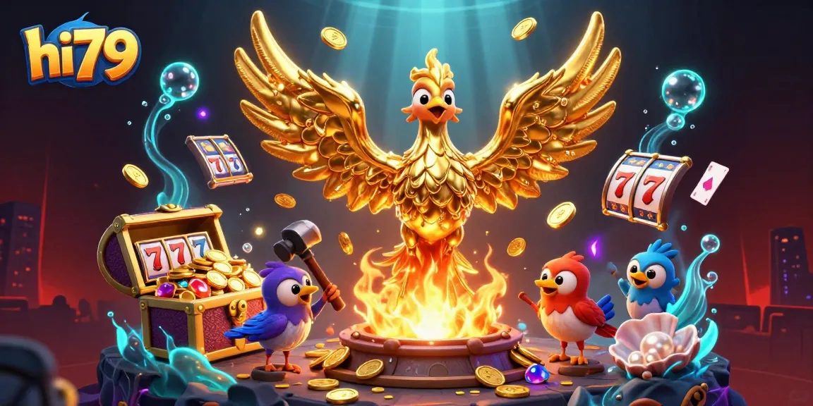 Experience thrill and excitement with hi79 in this vibrant 3D casino-themed illustration featuring slot elements.