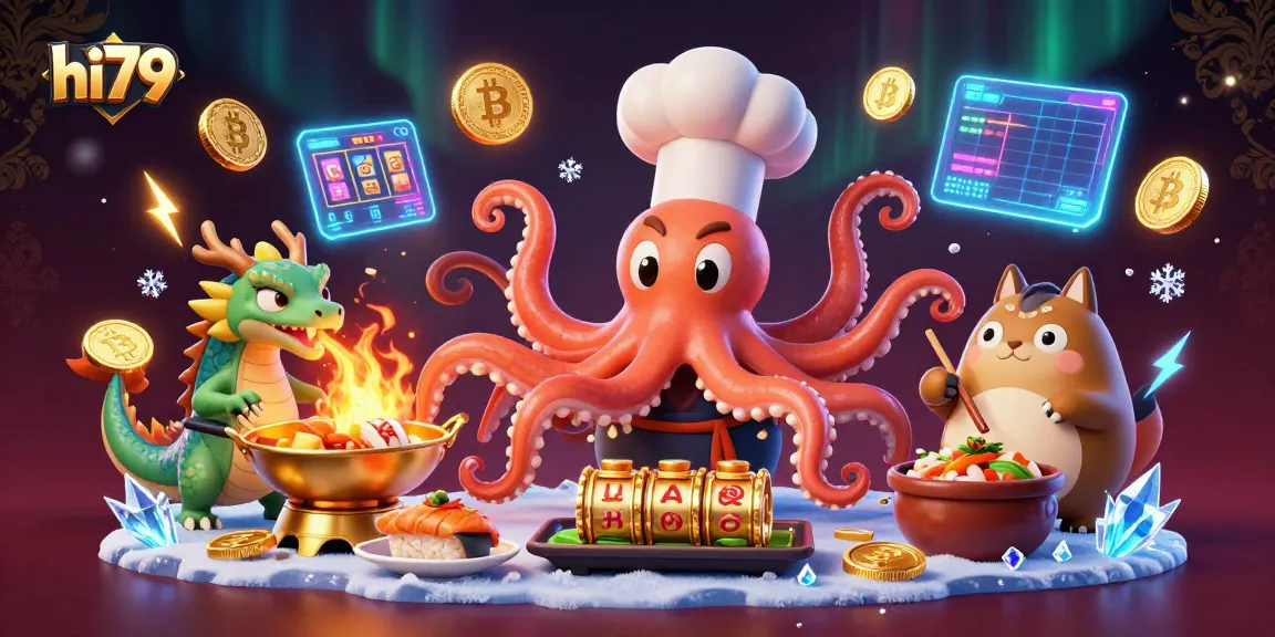 Experience the vibrant world of hi79 with a cartoon octopus chef and dynamic casino elements.