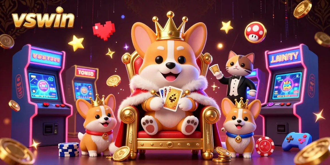 Experience thrilling gameplay at vswin with captivating 3D animation of a royal corgi and gaming elements.
