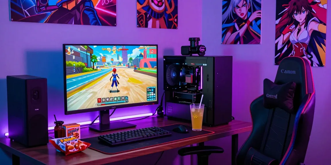 Gamer enjoying a thrilling hentai game on a high-end setup with vibrant LED lights.