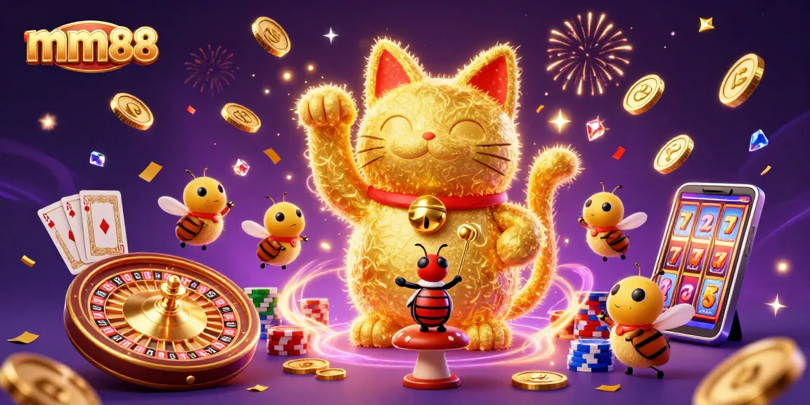 Experience mm88's vibrant casino world with golden fireflies as lucky symbols and dynamic slots.
