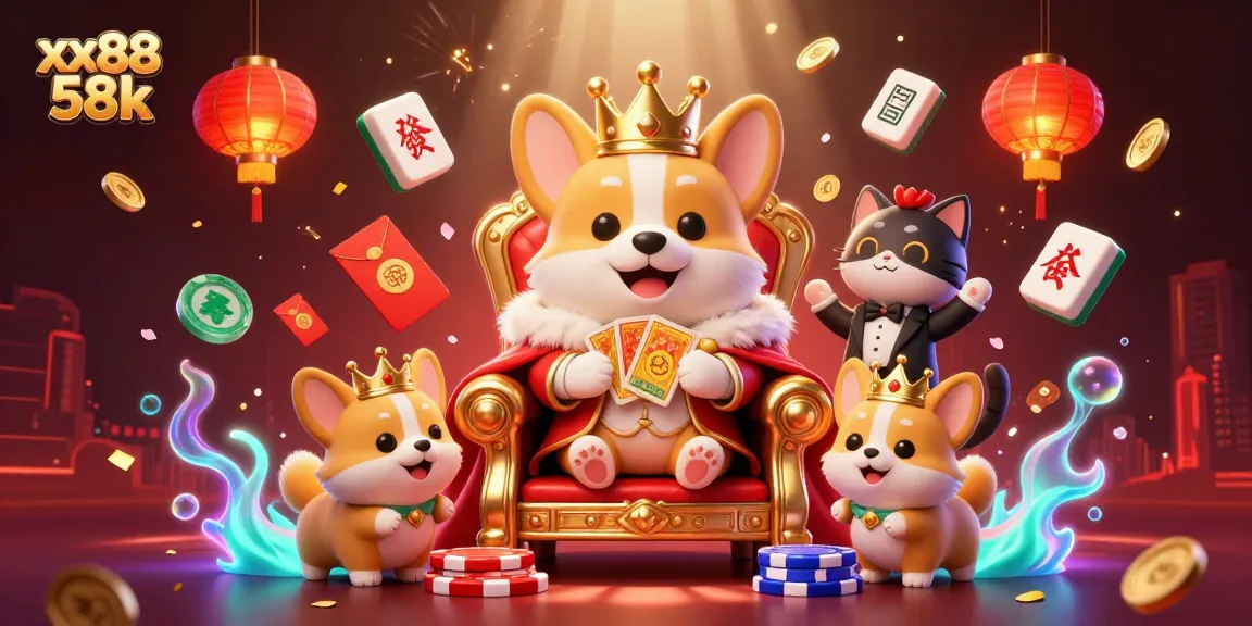 Experience the excitement of xx88 58k with a royal corgi on throne, surrounded by vibrant casino elements.
