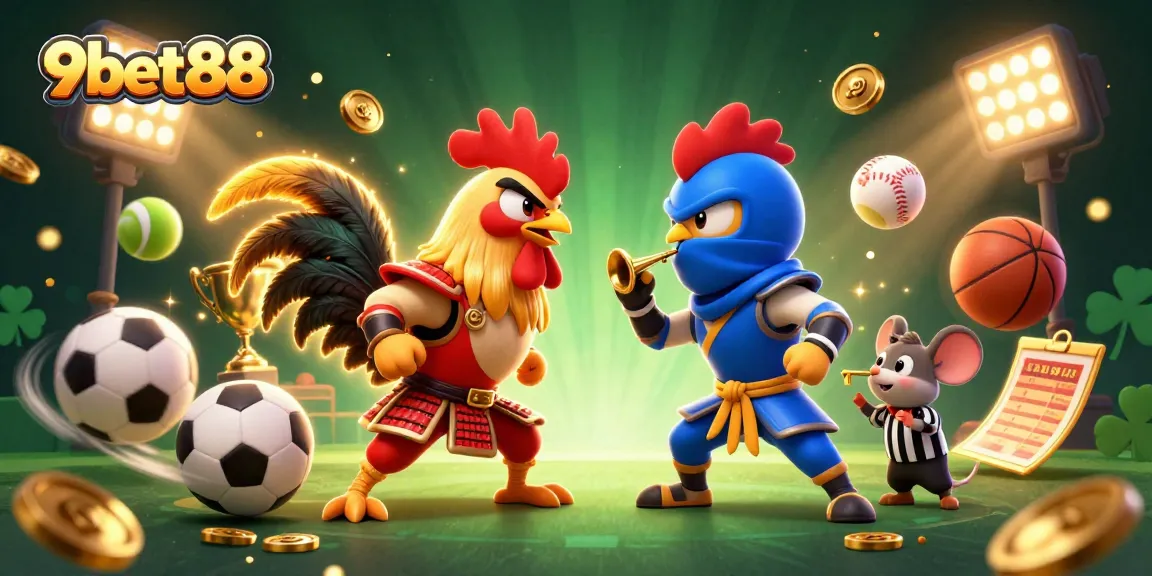 Experience thrilling action with 9bet88’s vibrant gaming scene featuring dynamic 3D roosters and sports elements.