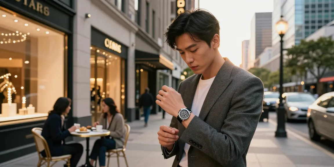 A fashionable individual showcasing a luxury replica watch in a vibrant urban environment, reflecting elegance and style.