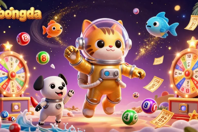 Join the keobongda fun with a space cat and robot dog in a cosmic lottery scene.