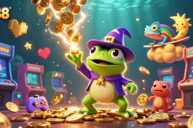 Experience thrilling gg88 gameplay with a magical frog and chameleon in this enchanting casino scene.