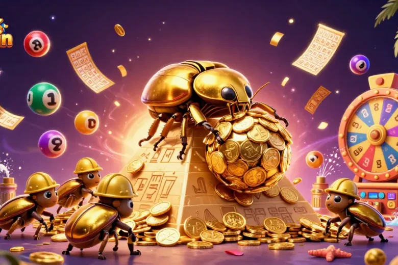 Experience Link Sunwin with dynamic colorful lottery elements and golden coin treasures in a vibrant casino scene.