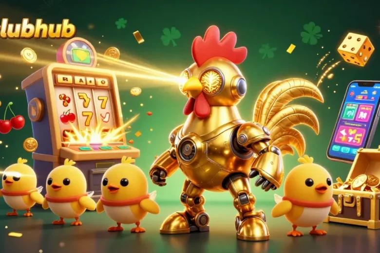 Join the thrill of hitclubhub as a golden rooster robot and baby chick drones celebrate a jackpot!