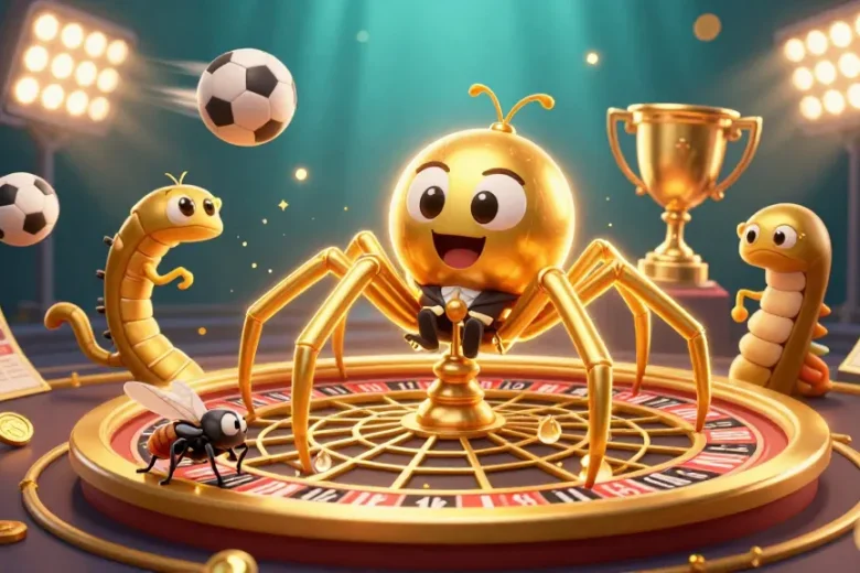 Bet on uu88 with golden spiders and flying sports balls in a vibrant casino scene.
