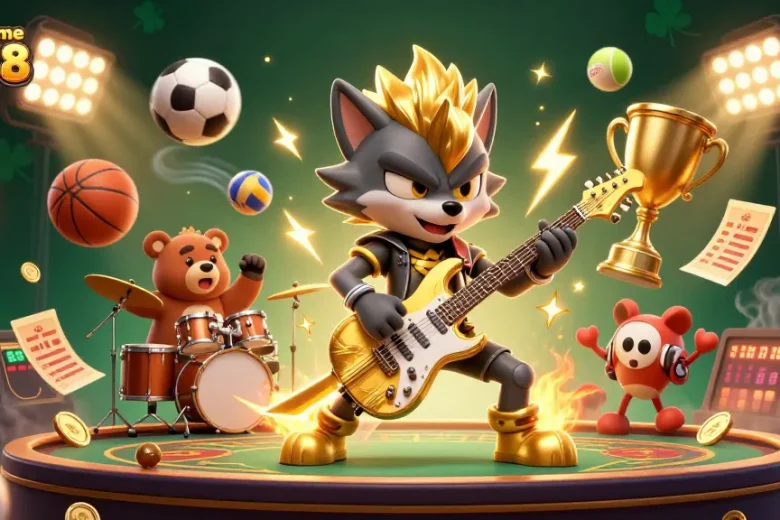 Cổng game go88 showcases an exciting scene with rock star characters and dynamic sports elements for an engaging casino experience.