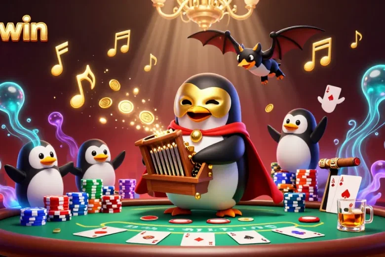 Experience the thrill of vipwin gaming with a captivating casino scene featuring an opera penguin and dynamic elements.
