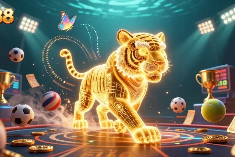 Experience the thrill of go88 with dynamic sports betting elements and a neon energy tiger.