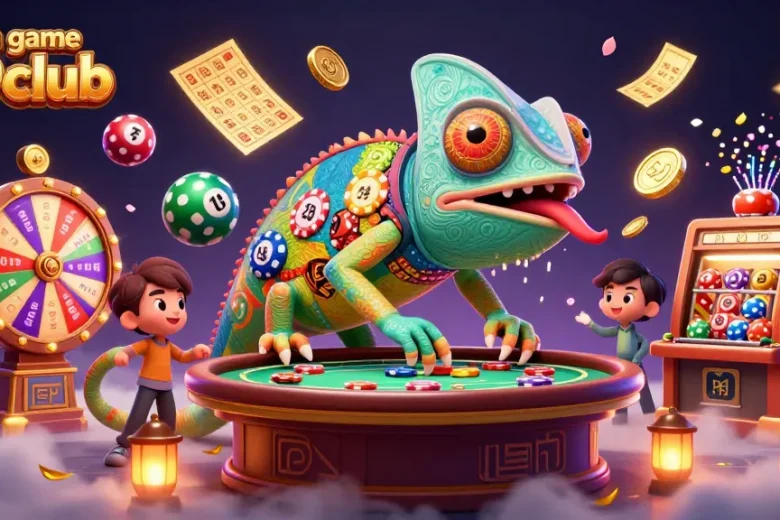 Engage in thrilling excitement at cổng game 789club featuring dynamic lottery elements and a whimsical chameleon mascot.