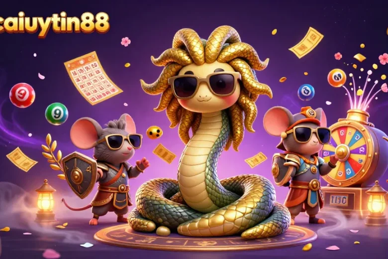 Engage with vibrant gaming elements at nhacaiuytin88 featuring a friendly Medusa and a warrior mouse.